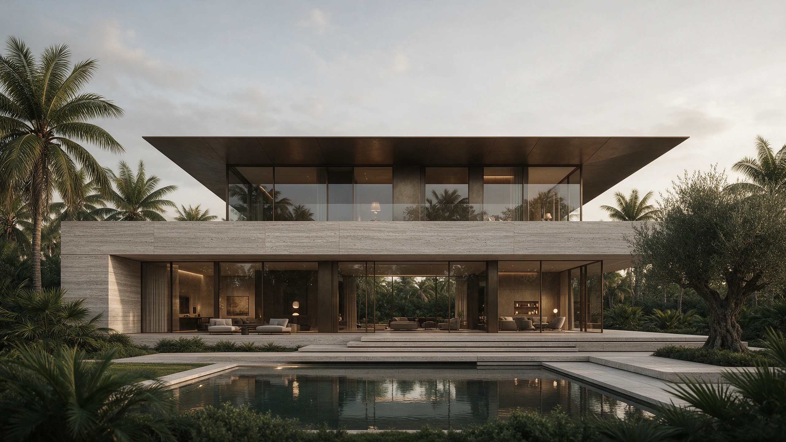Original concept of a limestone villa with palm trees and a reflecting pool